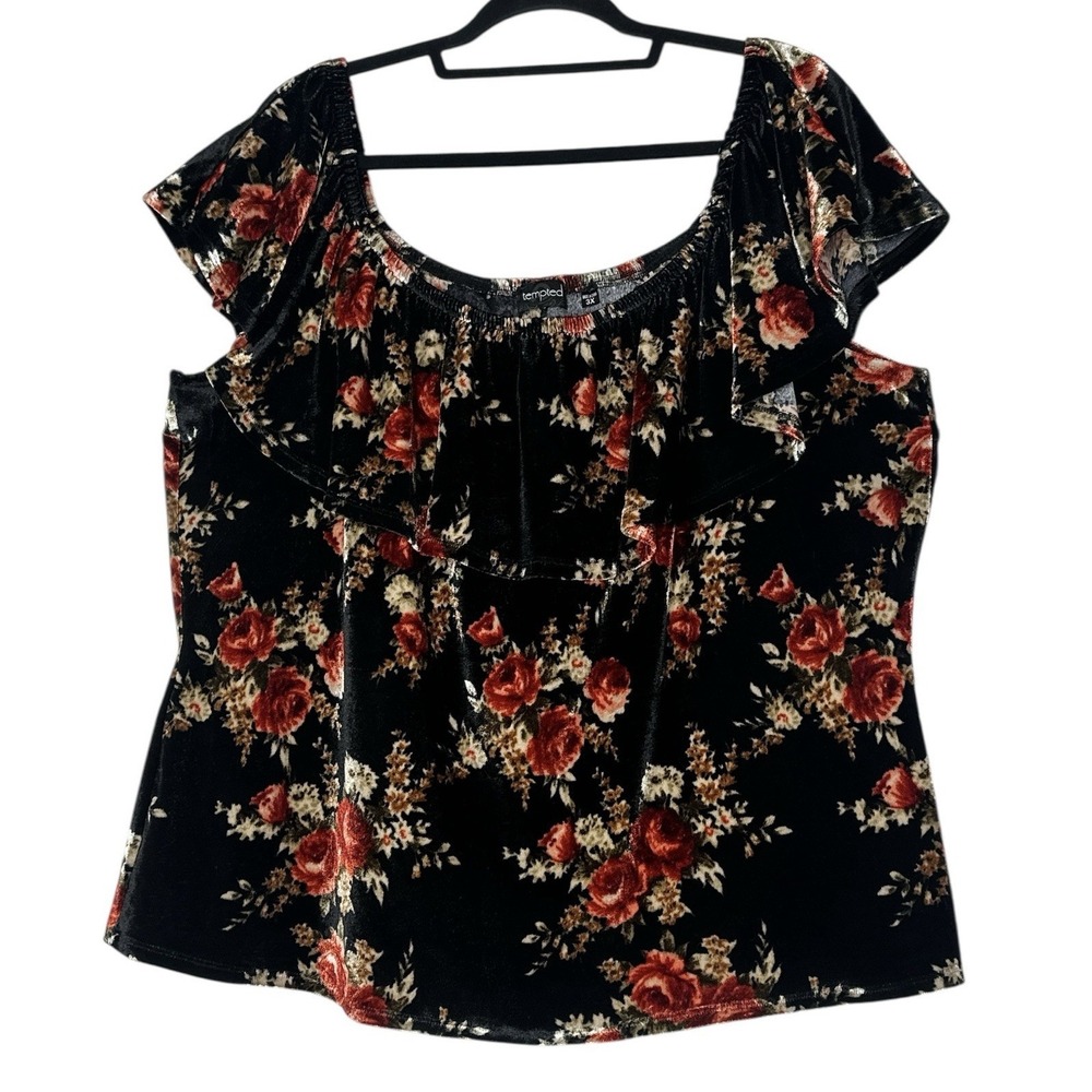 Tempted Top Womens 3X Plus Floral Velvet Fall Elastic Shoulders Off Cozy
